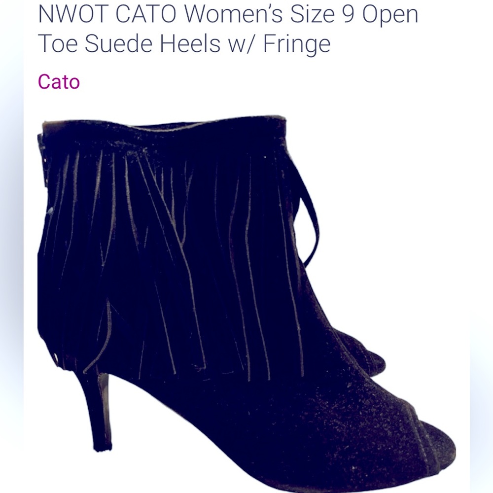 NWOT Black Suede Open Toe Fringe Heeled Bootie Size 9